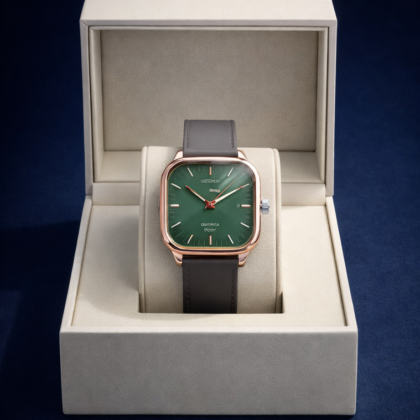 Montre Tendance Carrée - Cadran Vert Militaire & Bracelet Marron.