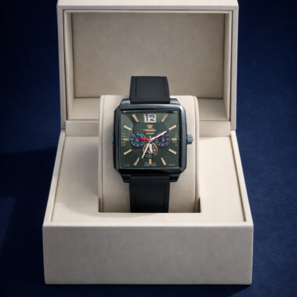 Montre Wanxida Design Carré - Cadran Bleu Métallique & Bracelet Noir.