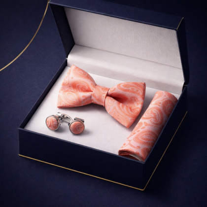 Coffret Accessoires Homme Bowtie - Rose Saumon à Motifs Cachemire.