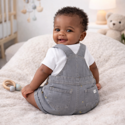 Salopette Short Garçon 6 Mois – Gris à Motifs Ludiques