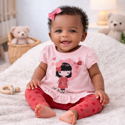 Ensemble Fille 6 Mois – T-shirt Rose et Legging Rouge à Motifs