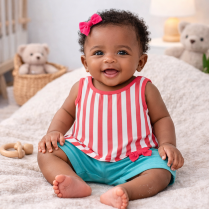 Ensemble Fille 3 Mois – Robe Rayée et Short Turquoise