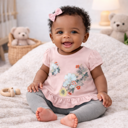 Ensemble pour Fille 6 Mois – T-shirt Rose et Legging Gris