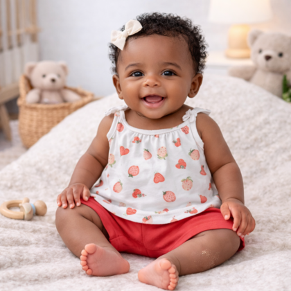 Ensemble Fille 3 Mois – Haut Fruité et Short Rouge