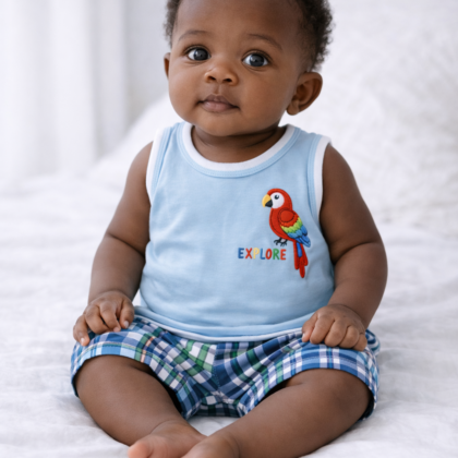 Ensemble Garçon 3 Mois – T-shirt Bleu et Short à Carreaux