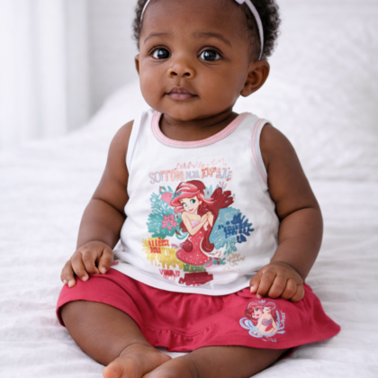 Ensemble Fille 6 Mois – Débardeur Blanc Imprimé et Jupe Rose à Volants