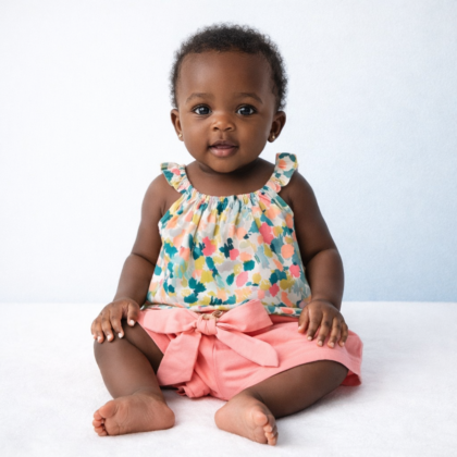 Ensemble Fille 9 Mois – Haut Fleuri et Short Rose à Nœud