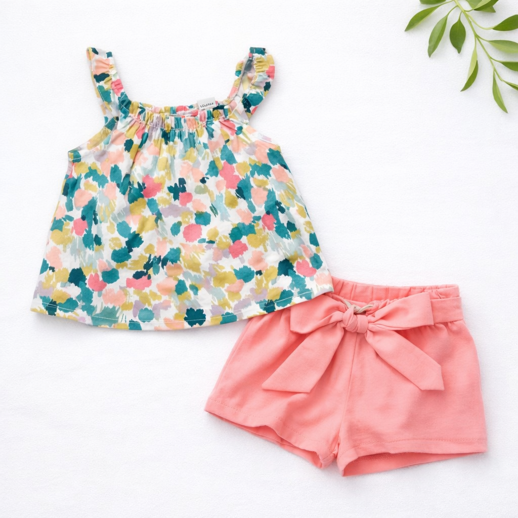 Ensemble Fille 9 Mois – Haut Fleuri et Short Rose à Nœud