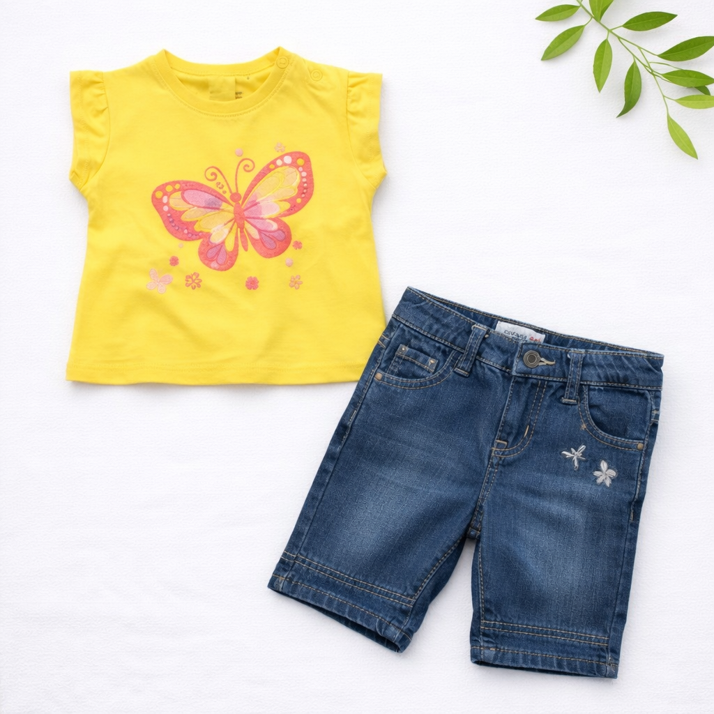 Ensemble Fille 12 Mois – T-shirt Papillon et Short Jean