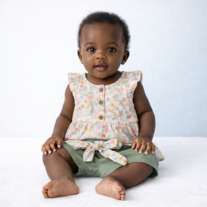 Ensemble Fille 9 Mois – Haut Fleuri Boutonné, Short Vert et Bandeau Assorti (Occasion)