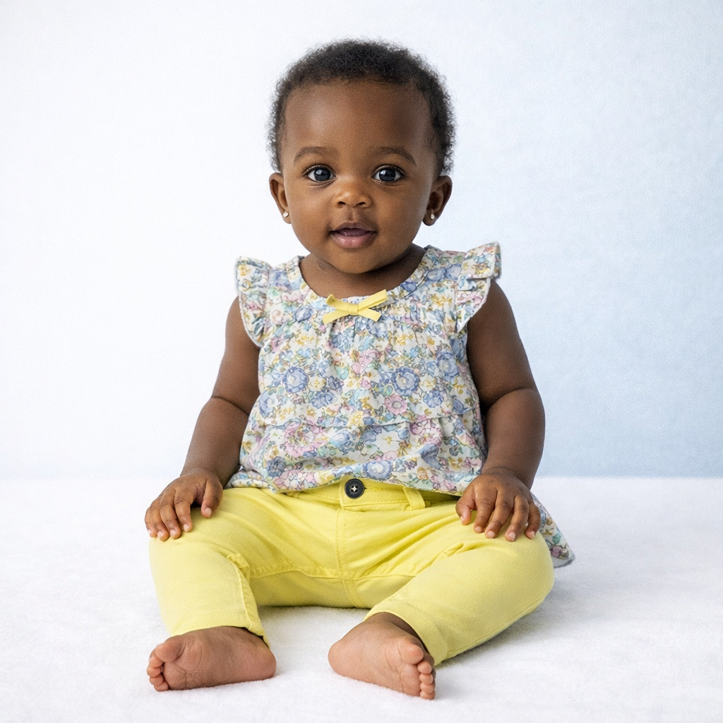 Ensemble d’occasion Fille 6 Mois – Haut fleuri sans manches et Pantalon jaune