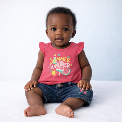 Ensemble Fille 12 Mois – T-shirt Rose “Fun in the Sun” et Short Jean (Occasion)