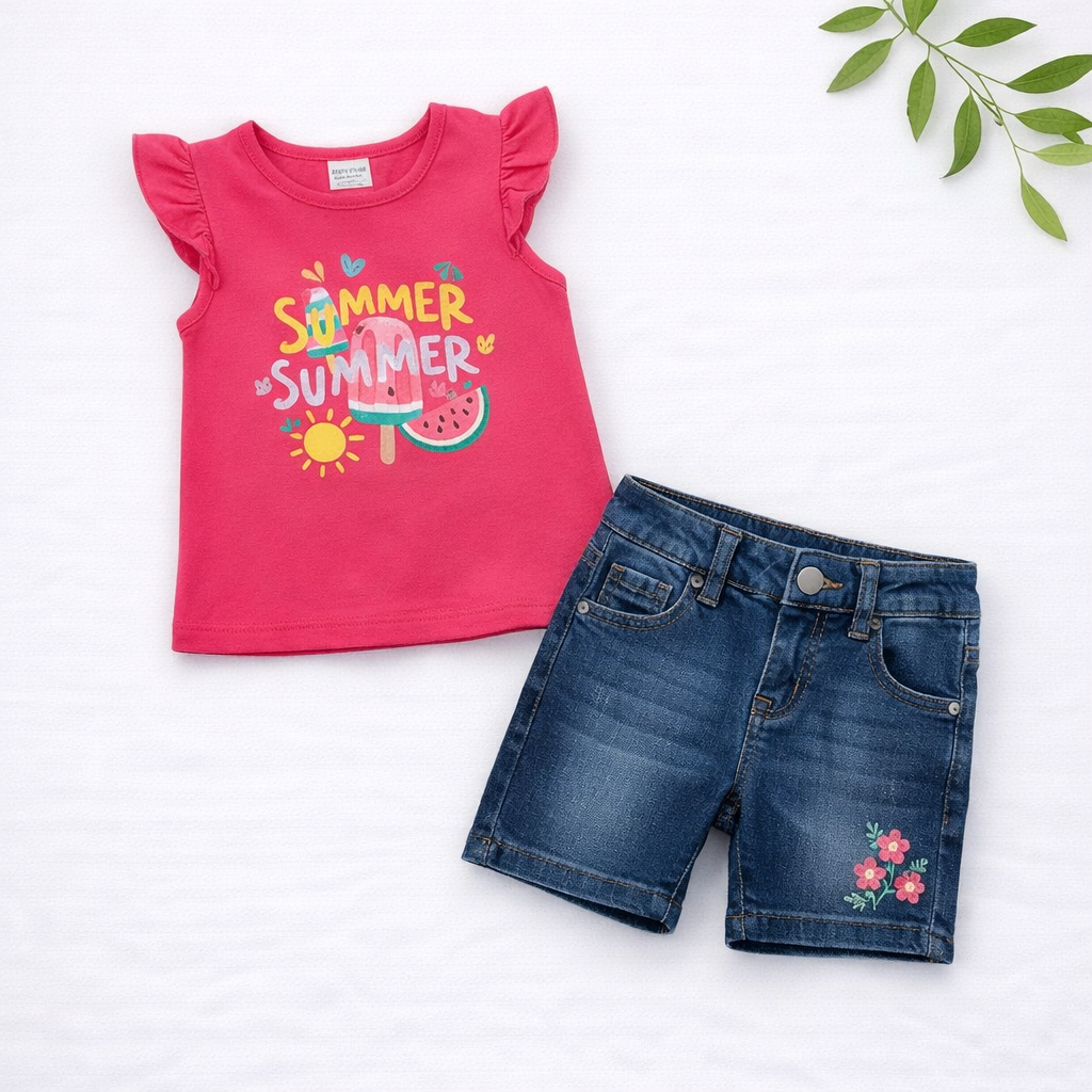 Ensemble Fille 12 Mois – T-shirt Rose “Fun in the Sun” et Short Jean (Occasion)