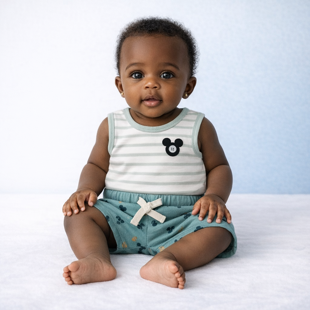 Ensemble Garçon 3 Mois – Débardeur Rayé et Short à Cœurs (Occasion)