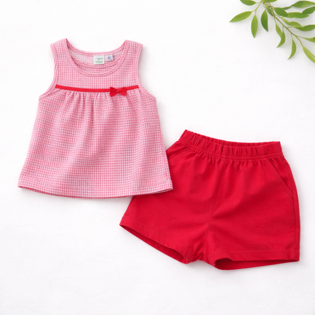 Ensemble Fille 9 Mois – Débardeur Rose et Short Rouge