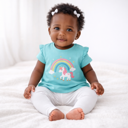 Ensemble Fille 9 Mois – T-shirt Turquoise et Pantalon Blanc