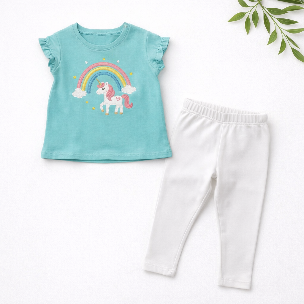 Ensemble Fille 9 Mois – T-shirt Turquoise et Pantalon Blanc