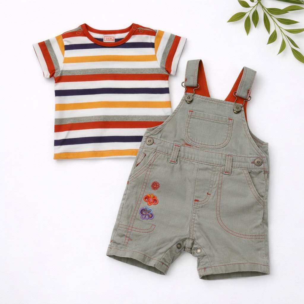 Ensemble Garçon 3 Mois – T-shirt Rayé et Salopette Grise