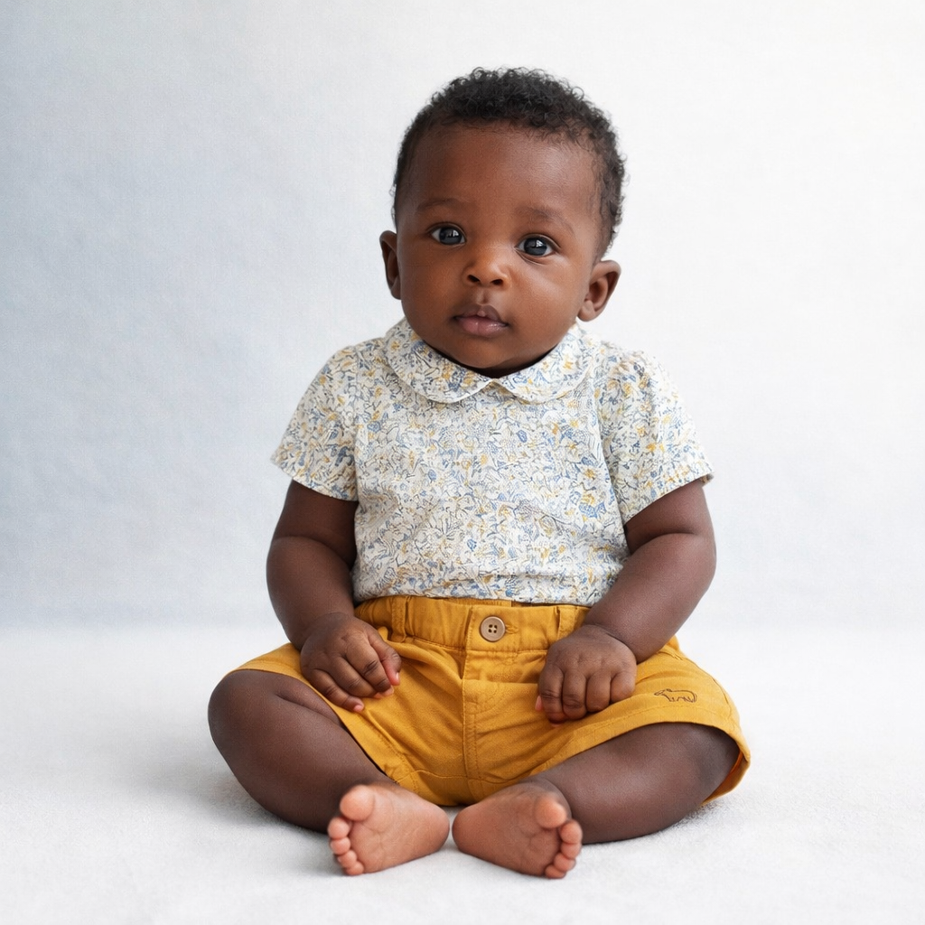 Ensemble Garçon 3 Mois – Chemise Blanche Imprimée et Short Moutarde (Occasion)