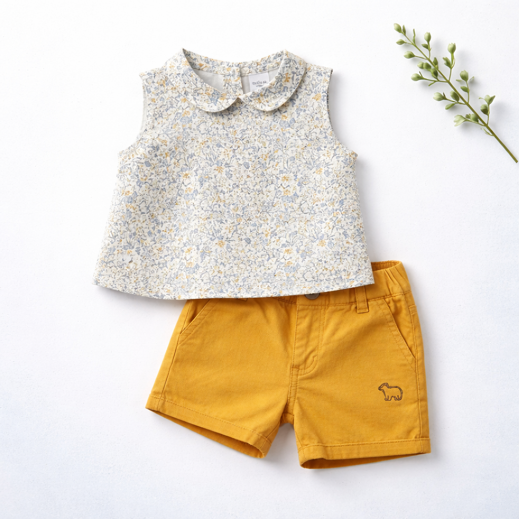 Ensemble Garçon 3 Mois – Chemise Blanche Imprimée et Short Moutarde (Occasion)
