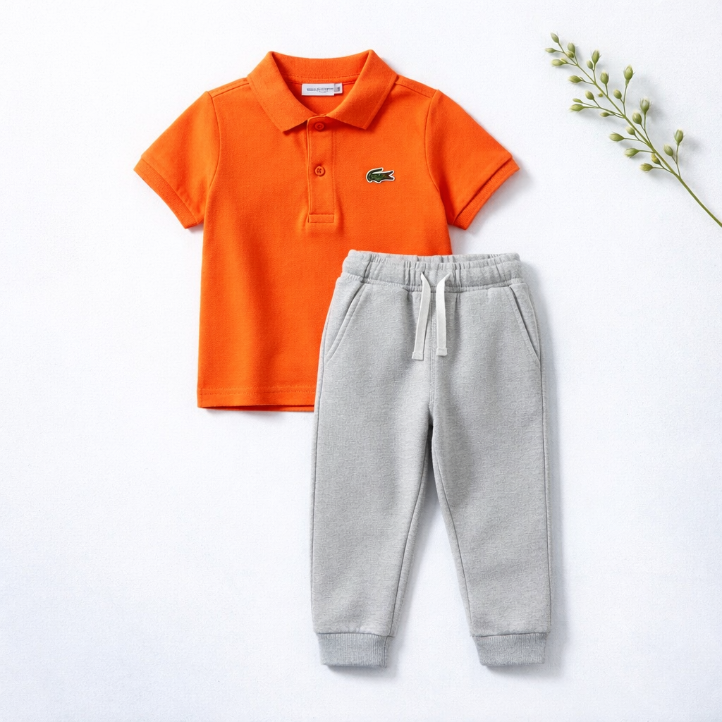 Ensemble Garçon 3/6 Mois – T-shirt Orange et Pantalon Clair (Occasion)