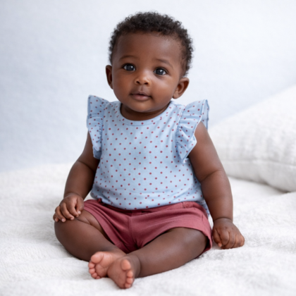 Ensemble Fille 6 Mois – Haut Fleuri Bleu et Short Rouge (Occasion)