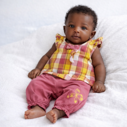 Ensemble Fille 1 Mois – Robe Sans Manches à Carreaux et Pantalon Rose (Occasion)