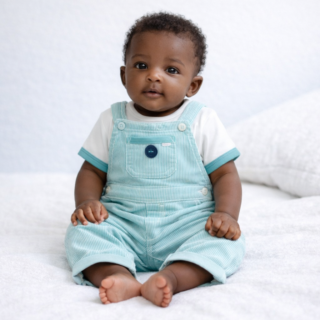 Ensemble Garçon 6 Mois – T-shirt Blanc et Salopette Bleu Canard (Occasion)