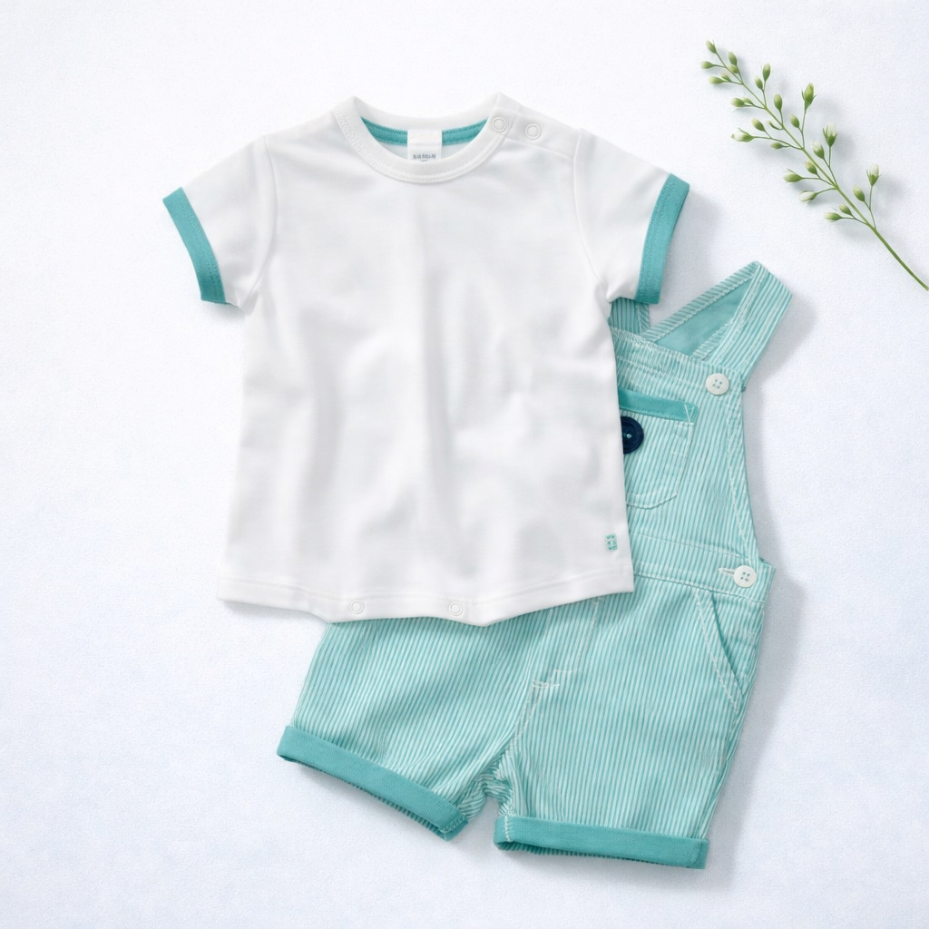 Ensemble Garçon 6 Mois – T-shirt Blanc et Salopette Bleu Canard (Occasion)