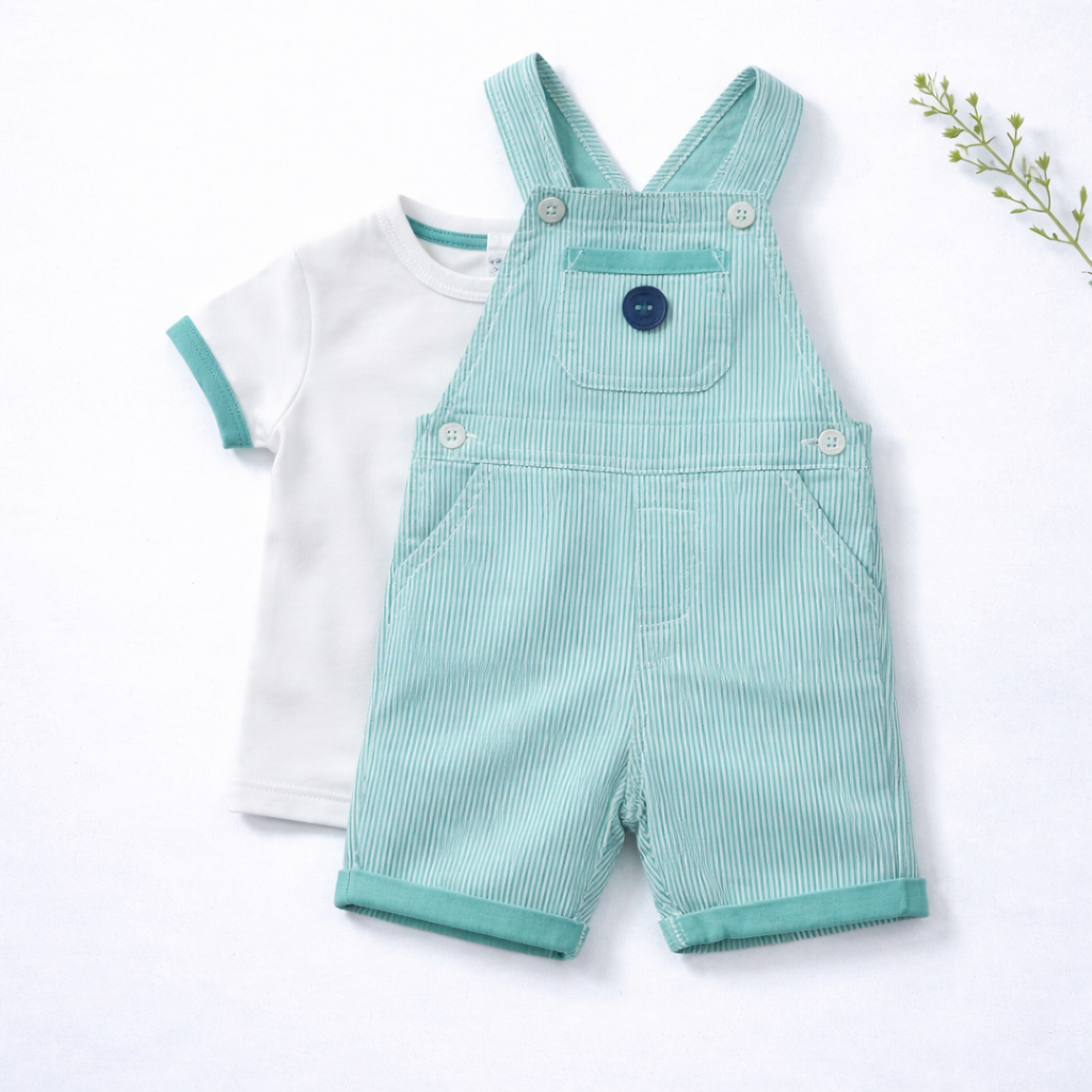 Ensemble Garçon 6 Mois – T-shirt Blanc et Salopette Bleu Canard (Occasion)