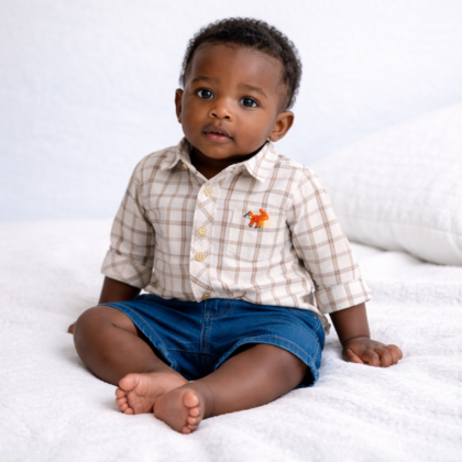 Ensemble Garçon 6 Mois – Chemise Blanche à Carreaux et Short Bleu (Occasion)
