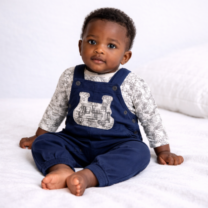Ensemble Mixte 12 Mois – Chemise Imprimée et Salopette Ours Marine (Occasion)